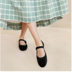 miss left Black Bowknot Ankle Strap Mary Jane Classic Round Toe Ballet Flats